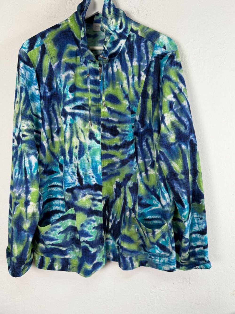Zenergy by Chico's Womens Blue Green Tie Dye Print Full Zip Jacket Size 3 Active